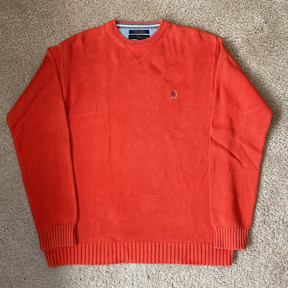 Vintage Tommy Hilfiger Men's Vibrant Orange Lion Crest Crewneck Sweater